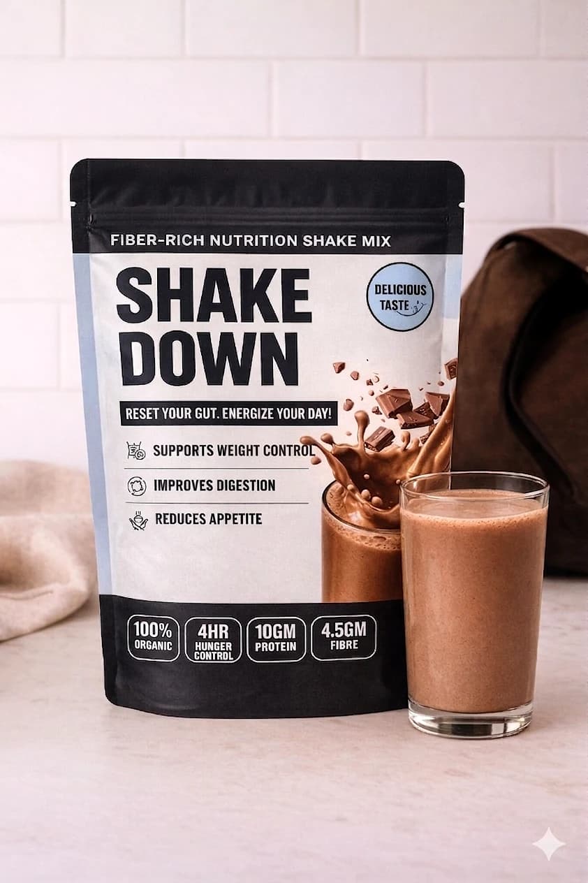 ShakeDown pouch and a prepared shake on a kitchen counter